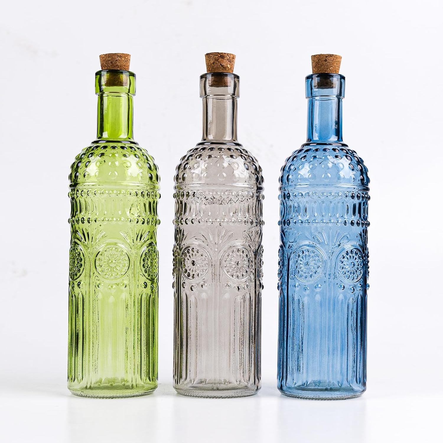 BOTELLAS DECORATIVAS DE VIDRIO AMBAR CON RELIEVE